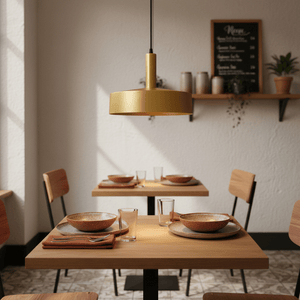 Sombre Gold Pendant light hanging over a dining table set with bowls and glasses in a cozy restaurant setting.