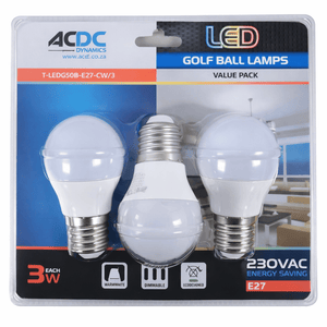 Value pack of three LED golf ball lamps with E27 sockets, showcasing warm white and cool white options.