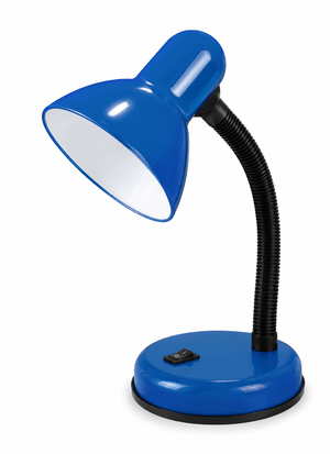 Blue E27 desk lamp with a flexible neck and round base, featuring a switch on the base.