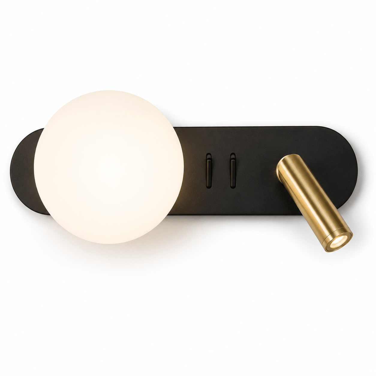 Wall-mounted light fixture with a black base, white spherical shade, and gold accent on a white background