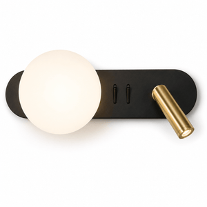 Wall-mounted light fixture with a black base, white spherical shade, and gold accent on a white background