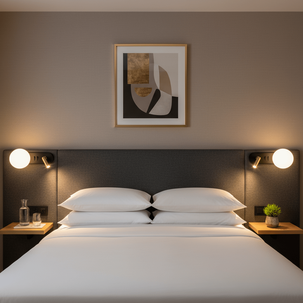 Bedroom with a double bed, two black and gold wall-mounted reading lights, and abstract art above the headboard.
