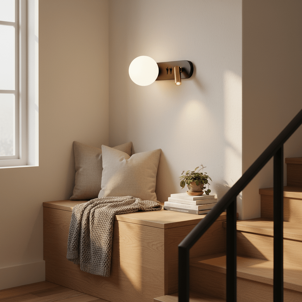 Black and gold wall-mounted light above a cozy nook with cushions and a blanket, near a staircase.