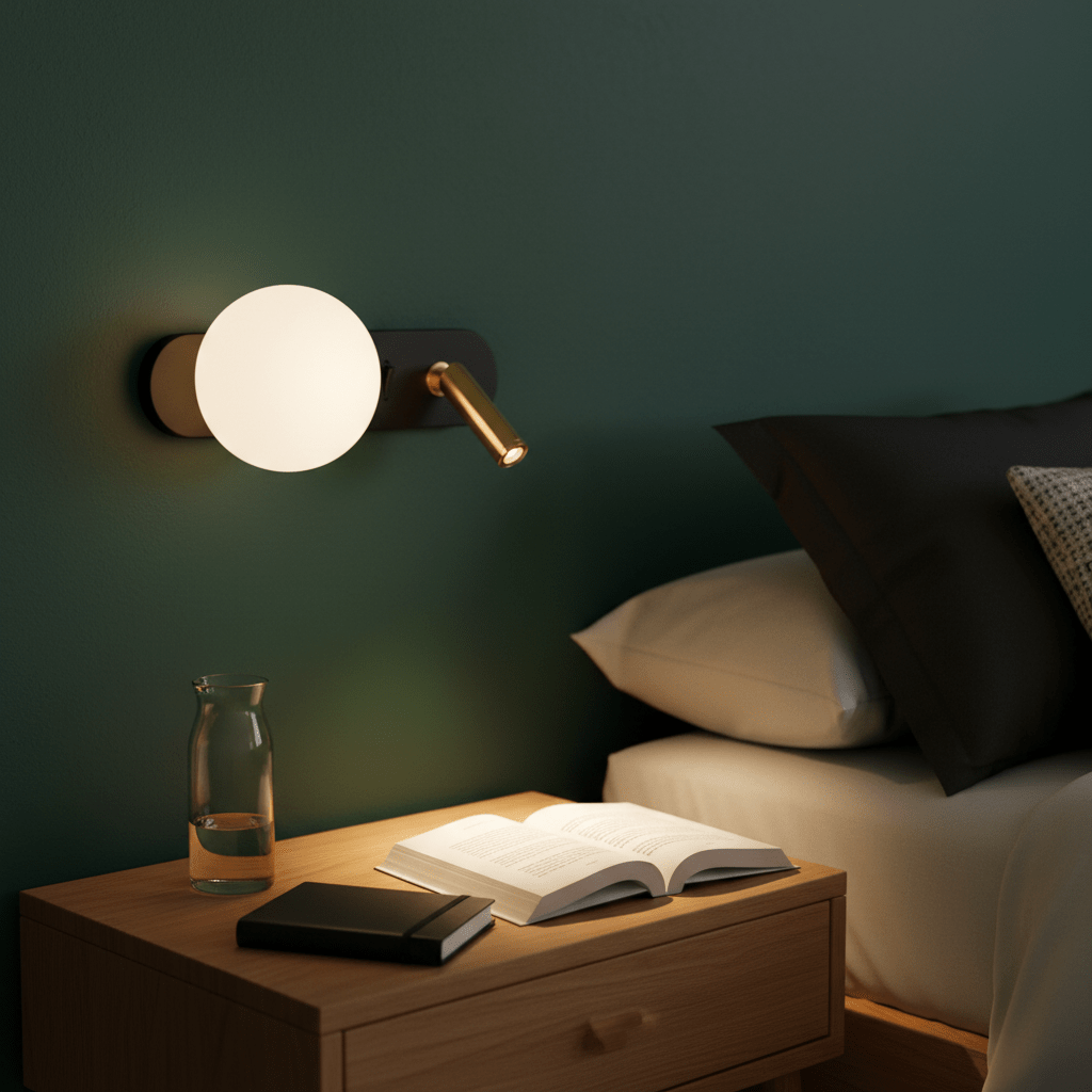Stylish black and gold wall light mounted beside a bed, illuminating an open book on a nightstand.
