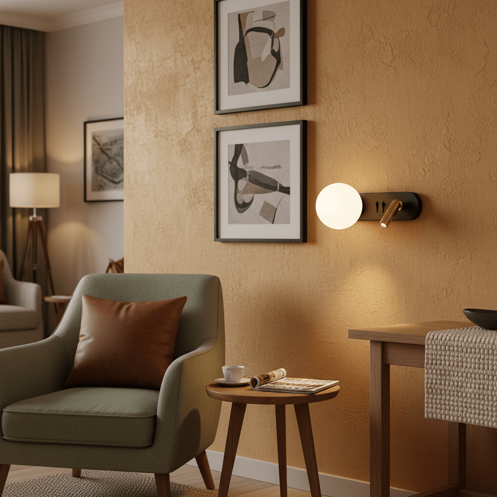 Stylish indoor scene featuring a black and gold wall light above a cozy armchair, enhancing the modern decor.