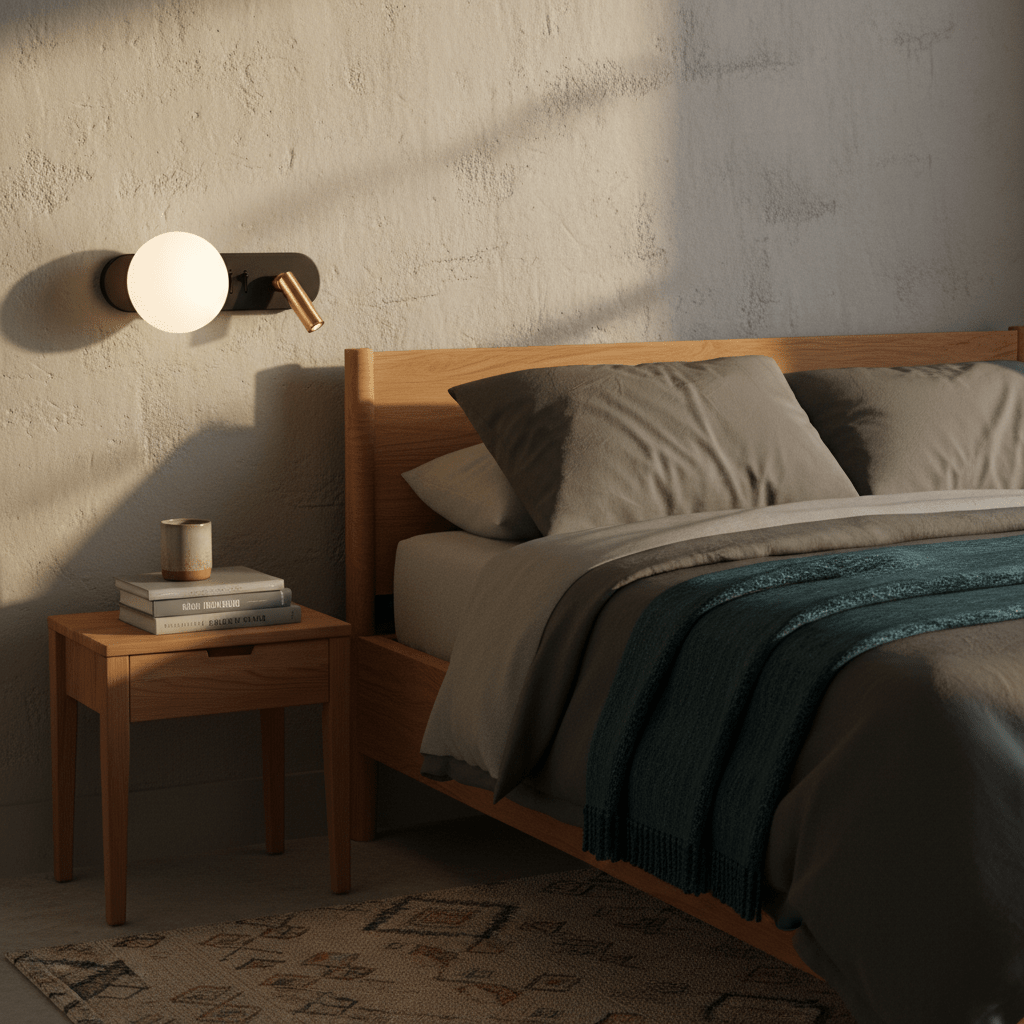Stylish black and gold wall light mounted beside a bed, illuminating a cozy bedroom setting.