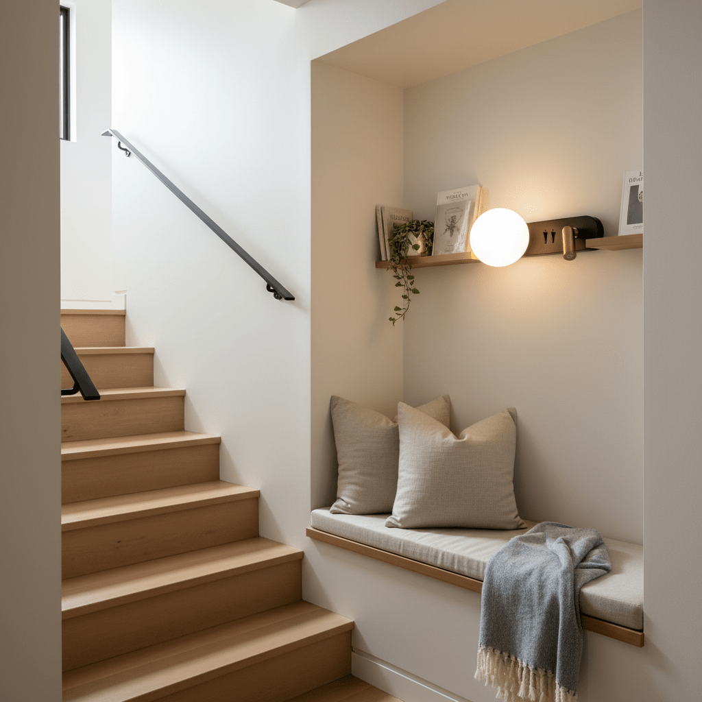 A modern black and gold wall light illuminates a cozy reading nook with a bench, pillows, and a blanket.