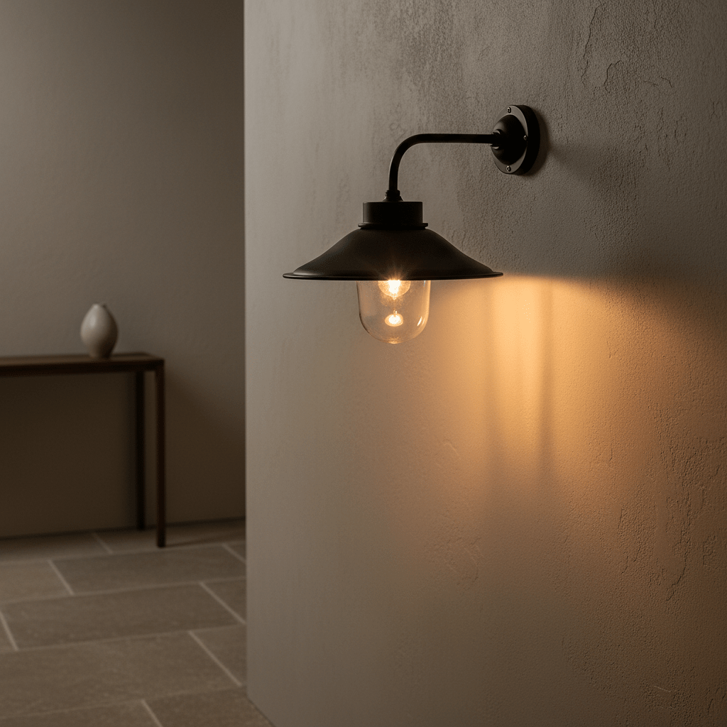 Matt black outdoor wall lamp with a glass shade, casting warm light on a textured wall.