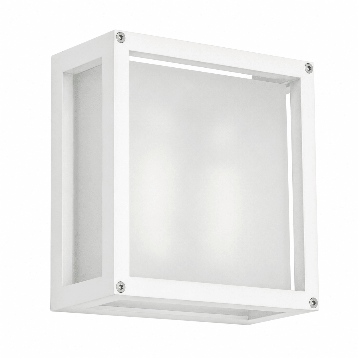 Modern white cube outdoor wall light with frosted glass, designed for contemporary spaces.
