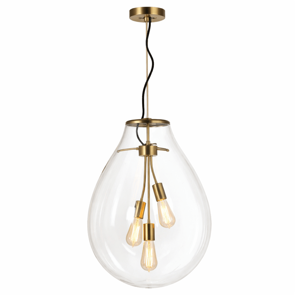Modern pendant light with clear glass shade and gold metal accents on a white background