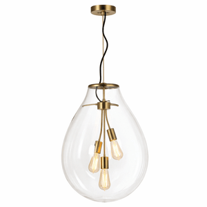 Modern pendant light with clear glass shade and gold metal accents on a white background