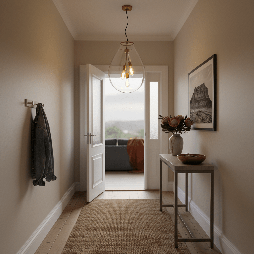 Matt brass pendant light with clear glass shade hanging in a stylish entryway, illuminating the space.