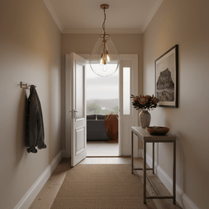 Matt brass pendant light with clear glass shade hanging in a stylish entryway, illuminating the space.
