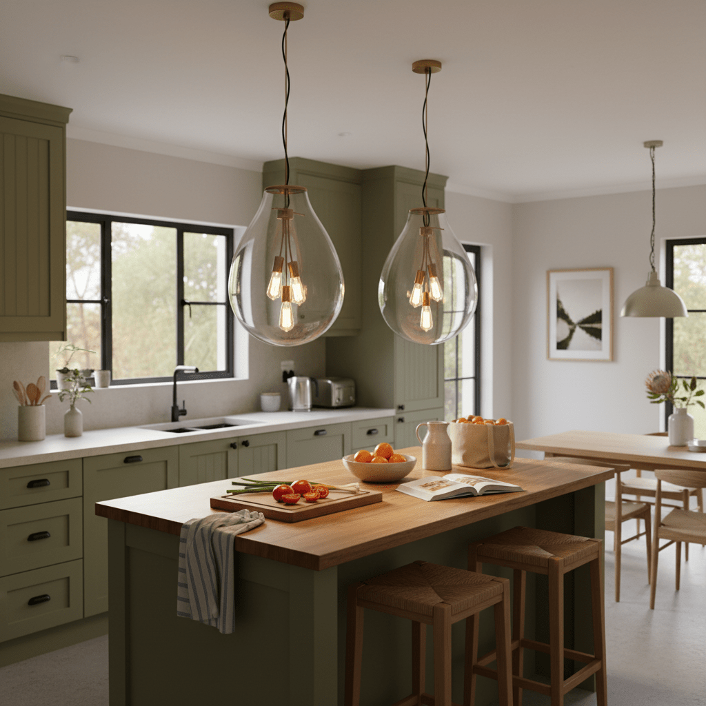 Modern pendant light with clear glass shade and gold metal accents on a white background
