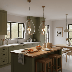 Modern pendant light with clear glass shade and gold metal accents on a white background