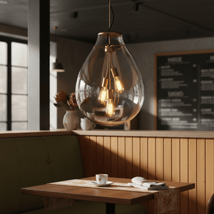 Matt brass pendant light with clear glass shade hanging above a dining table in a cozy setting.
