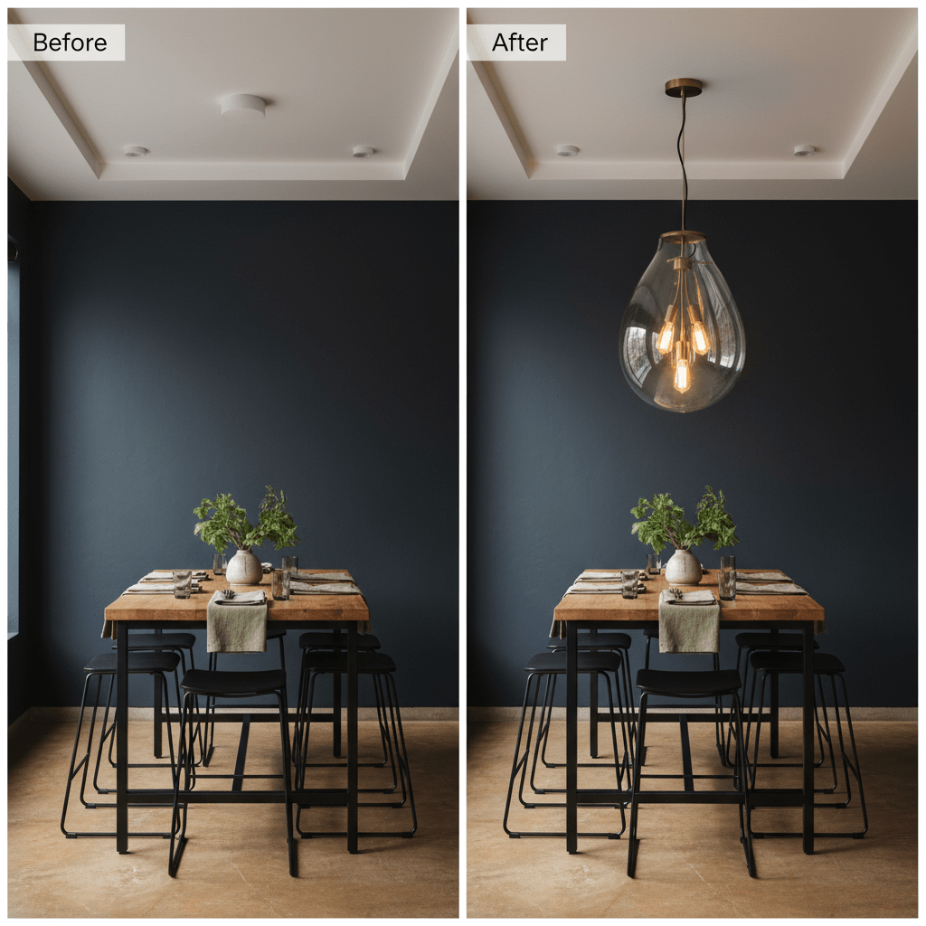 Before and after comparison showing a dining table with a matt brass pendant light above, enhancing the space.