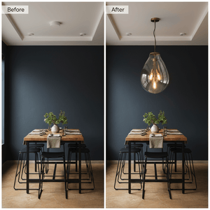Before and after comparison showing a dining table with a matt brass pendant light above, enhancing the space.