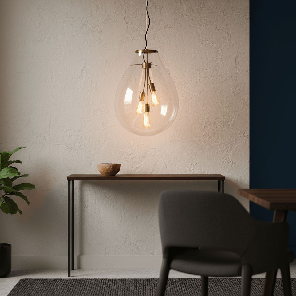 Matt brass pendant light with clear glass shade hanging above a wooden console table.