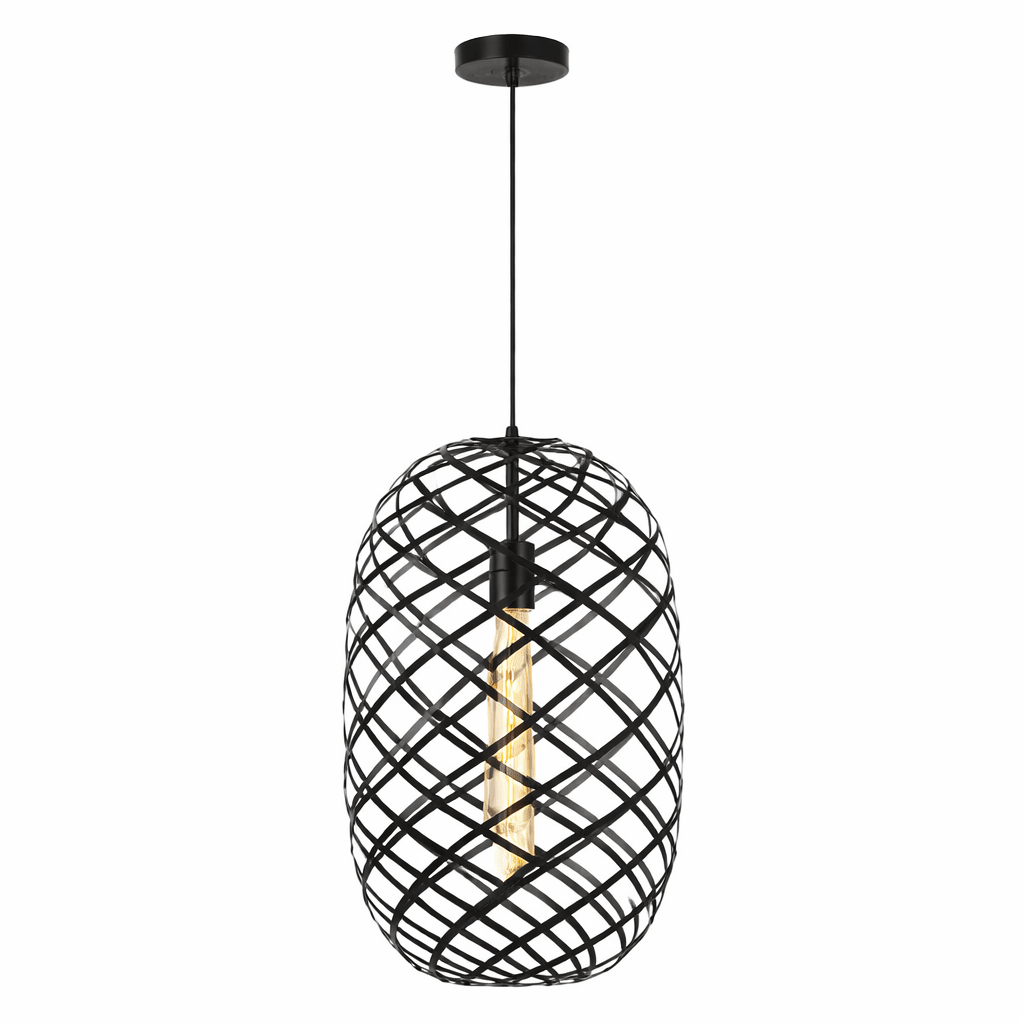 Black pendant light with woven design on a white background