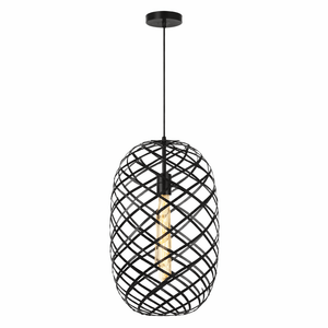 Black pendant light with woven design on a white background
