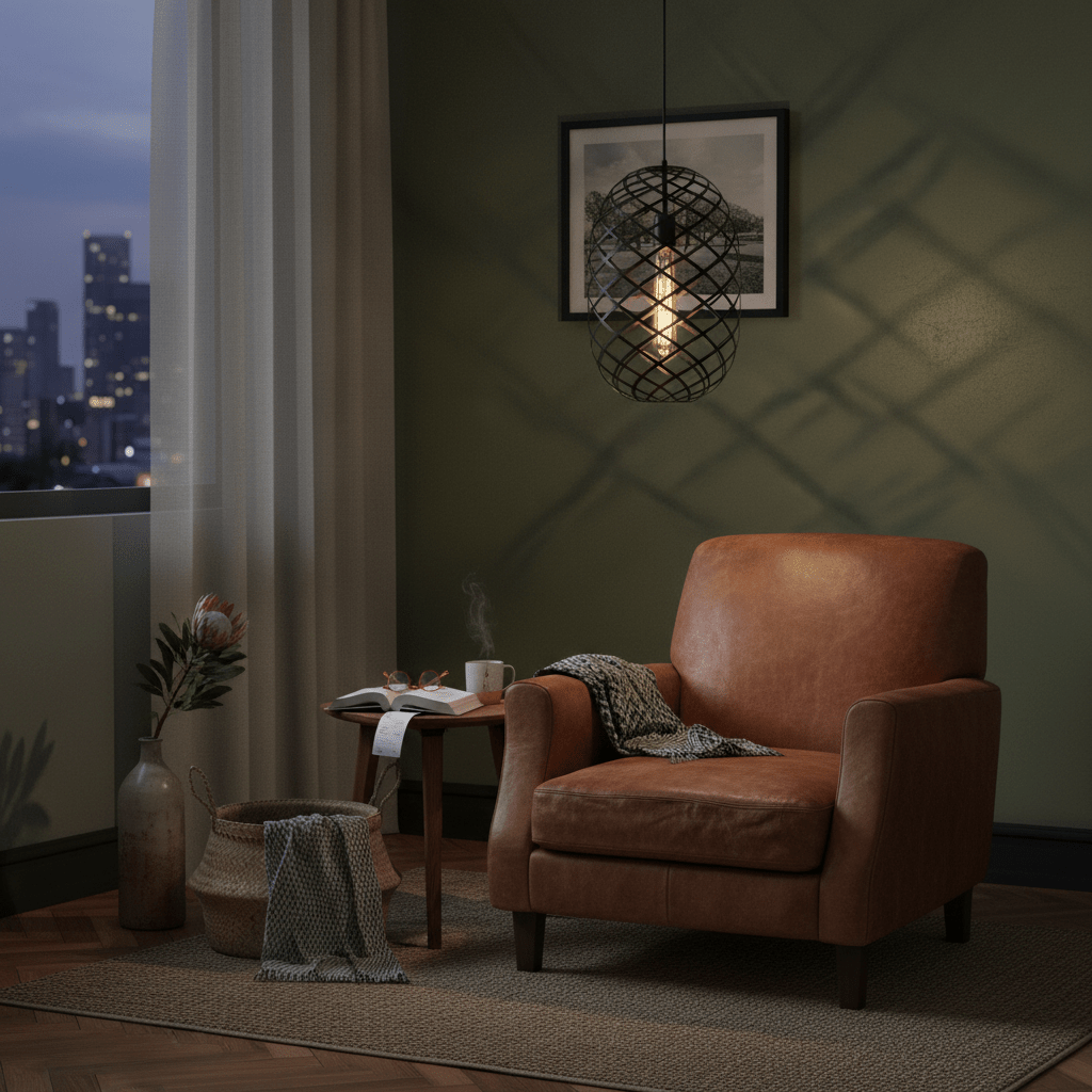 Nest Pendant light in black wire mesh hangs above a cozy armchair, casting soft light in a stylish corner.