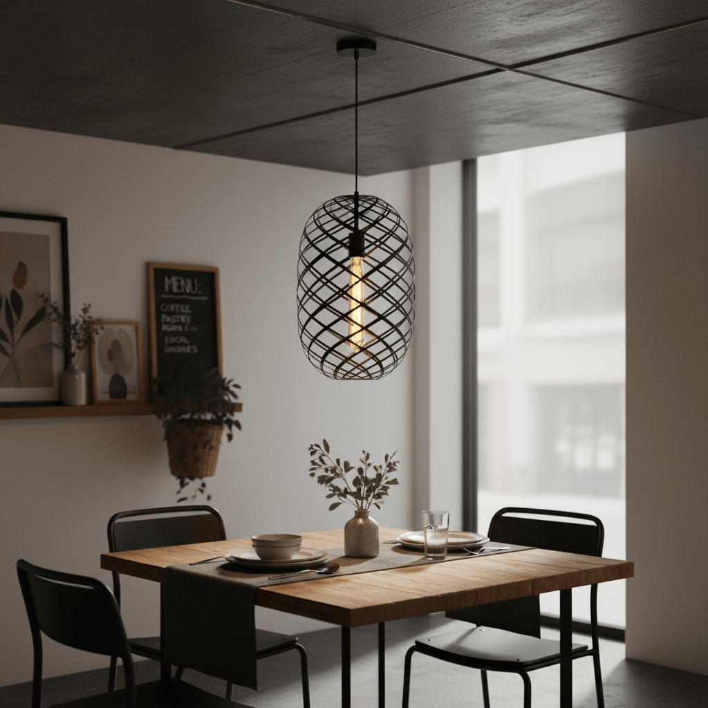 Nest Pendant light in black wire mesh hanging above a wooden dining table set with dishes and a vase.