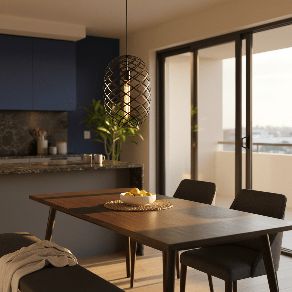 Nest Pendant light in black wire mesh hanging above a wooden dining table with a bowl of lemons.
