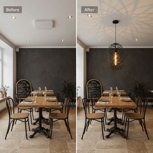 Before and after comparison of a dining area featuring the Nest Pendant light, showcasing its stylish design and light