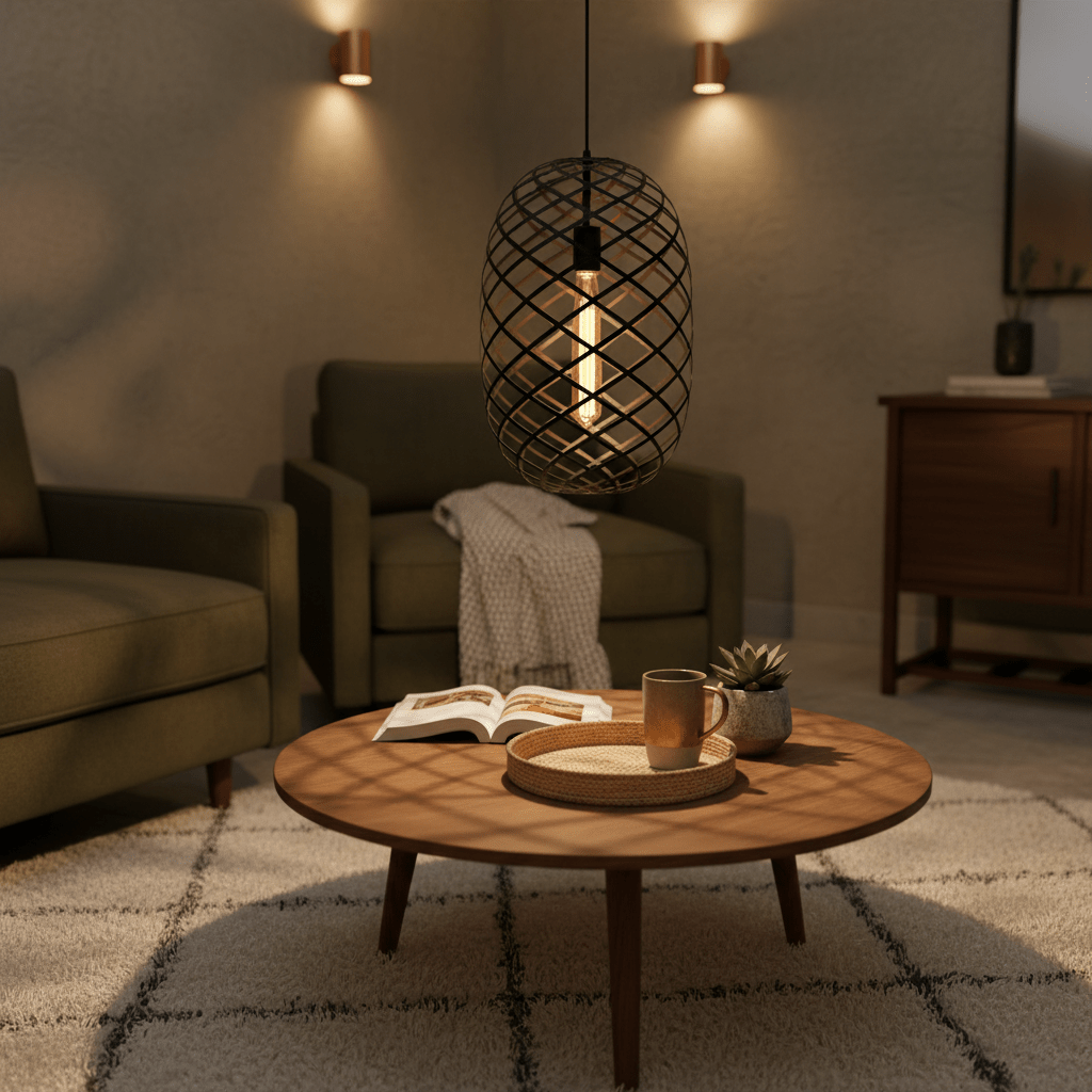 Nest Pendant light in black wire mesh hanging above a wooden coffee table with a book and a plant.