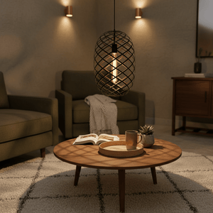 Nest Pendant light in black wire mesh hanging above a wooden coffee table with a book and a plant.