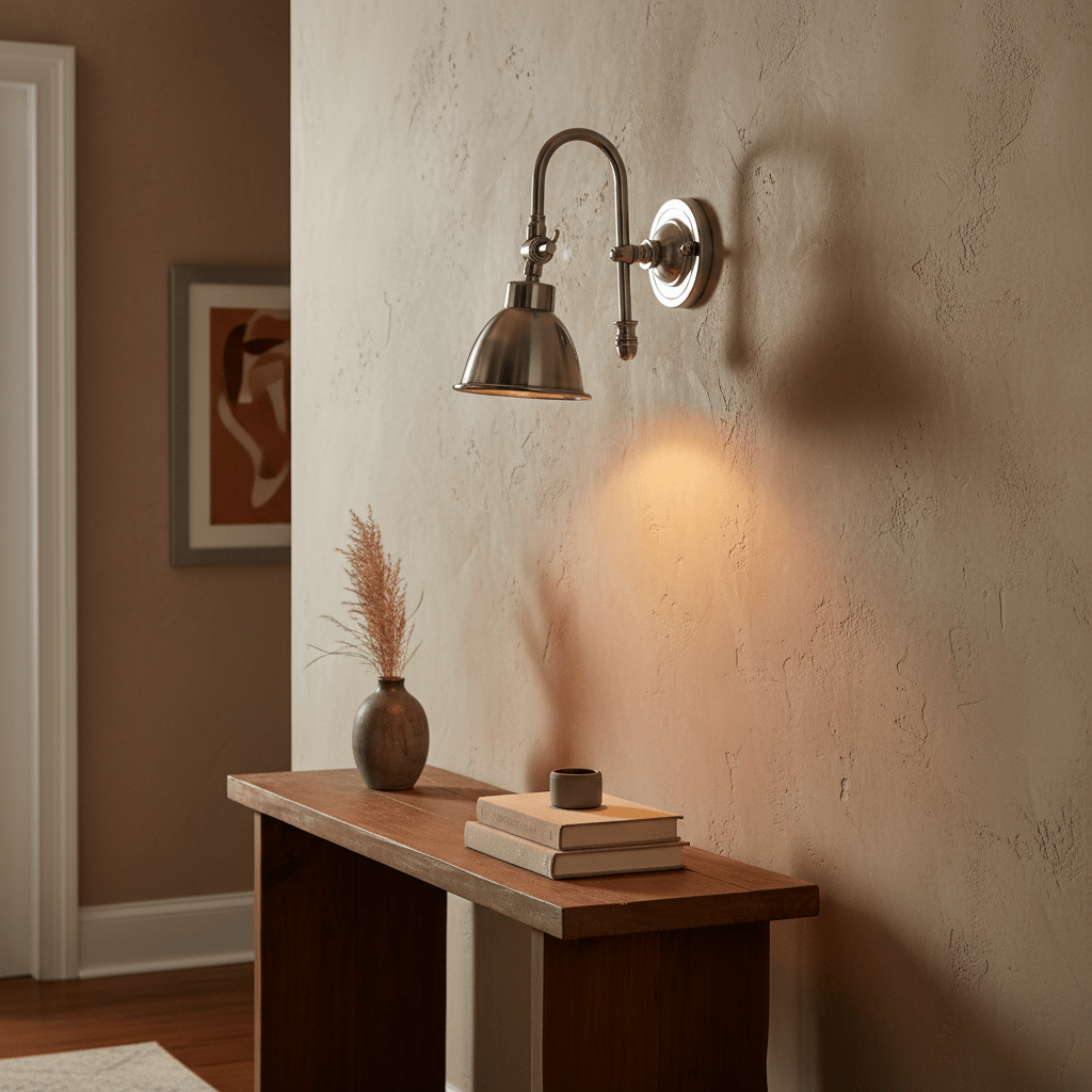 Contemporary industrial wall lamp with a metal cone shade illuminating a wooden table with decor.
