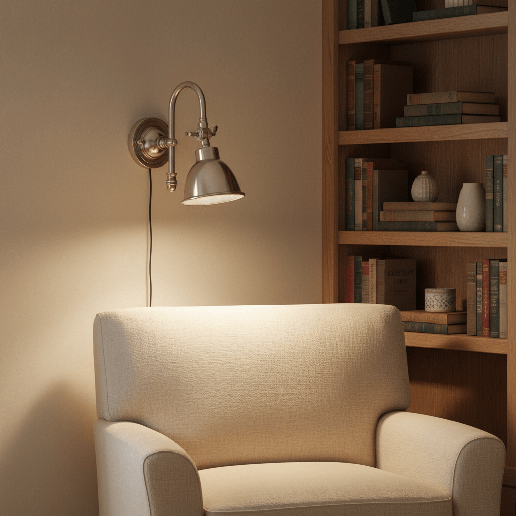 Stylish indoor wall lamp with a metal cone shade illuminating a cozy reading nook beside a bookshelf.