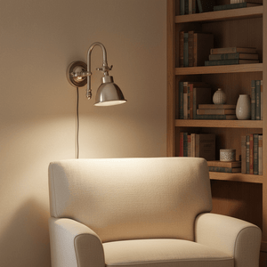 Stylish indoor wall lamp with a metal cone shade illuminating a cozy reading nook beside a bookshelf.