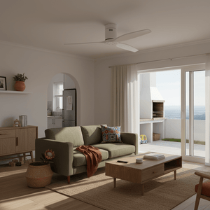 Modern living room featuring a ceiling fan with solid wood blades above a green sofa and wooden coffee table.
