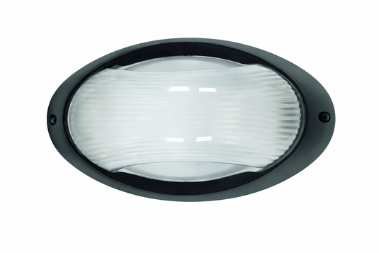 Oval-shaped outdoor light fixture with a white glass cover on a white background