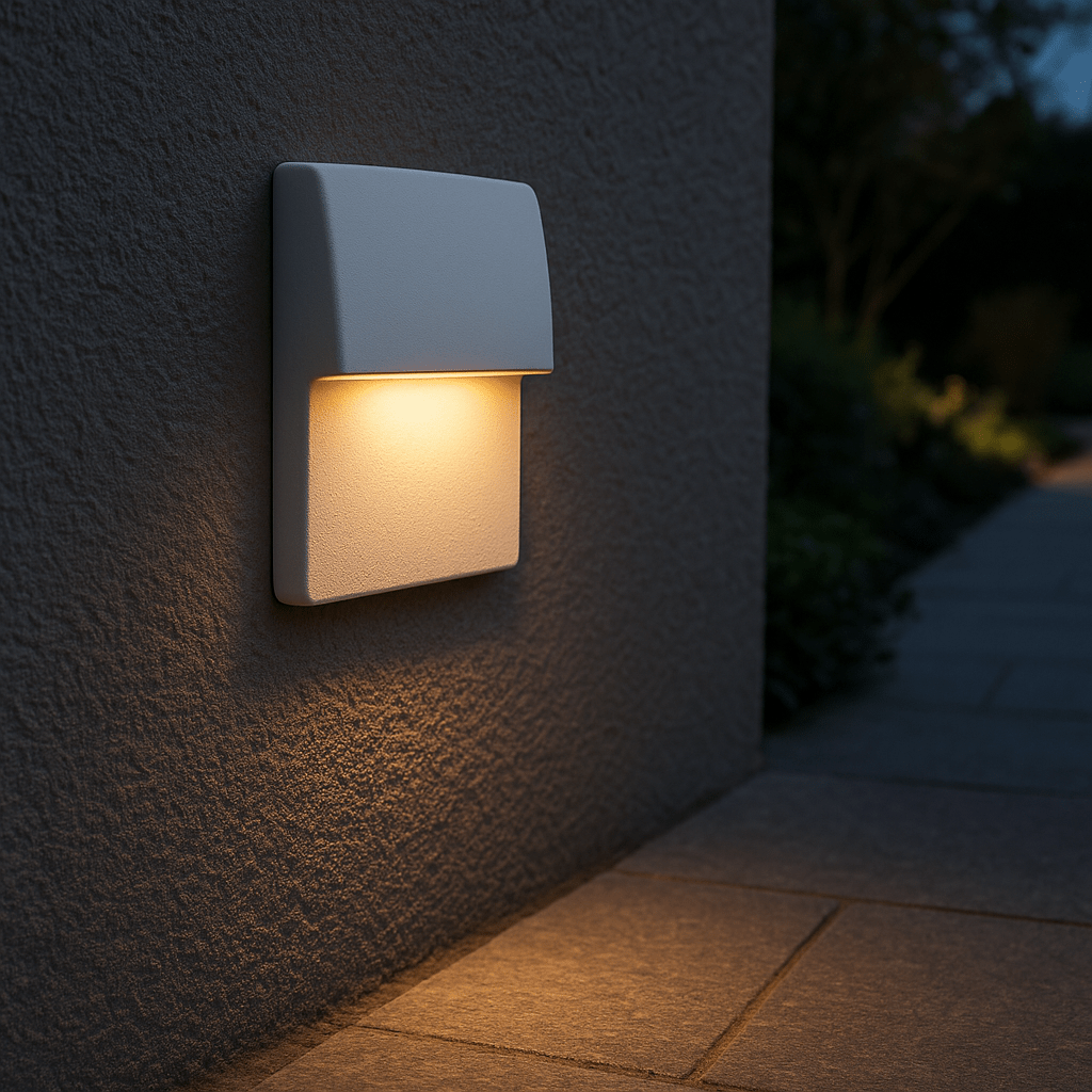 Luna Square White LED Foot Light mounted on a textured wall, illuminating a pathway with warm light.