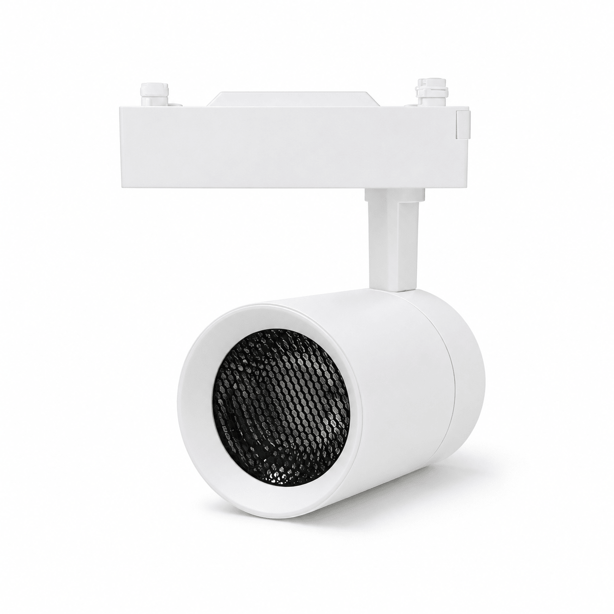 White 35W CCT Bazuka 3-wire track spot light with honeycomb lens, showcasing a modern design.