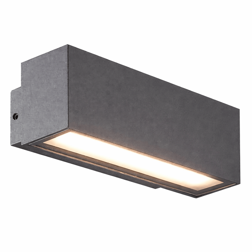Rectangular outdoor wall light fixture on a white background