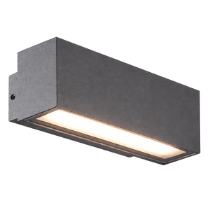 A rectangular, dark gray LED wall light with a smooth finish and a central light strip.