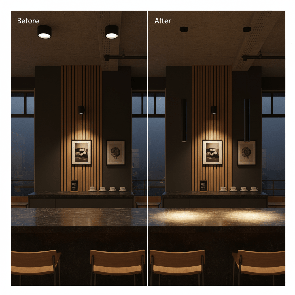 Comparison image showing a kitchen area before and after installing the Flute GU10 Pendant Light, highlighting focused