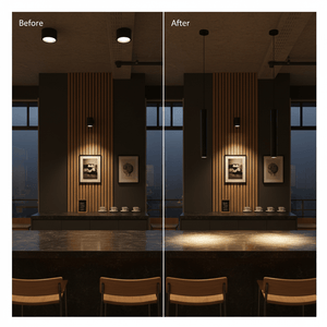 Comparison image showing a kitchen area before and after installing the Flute GU10 Pendant Light, highlighting focused