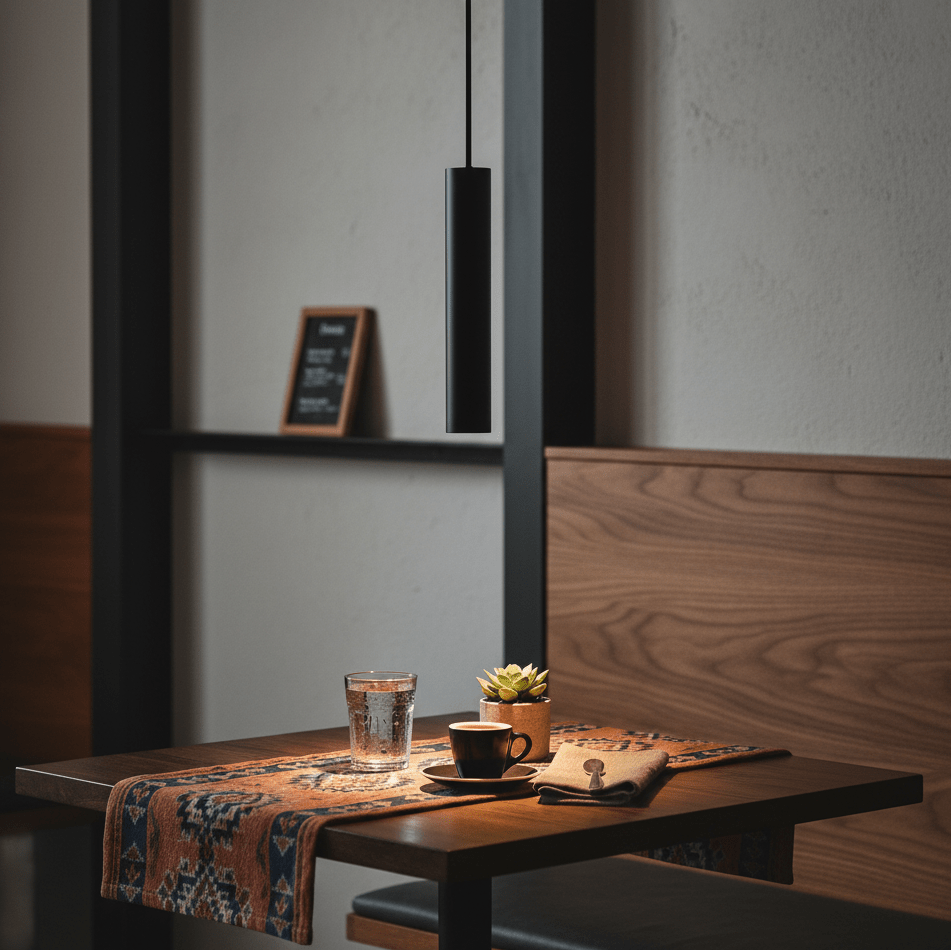 A sleek black pendant light hangs above a wooden table set with a glass of water, coffee cup, and a small plant.