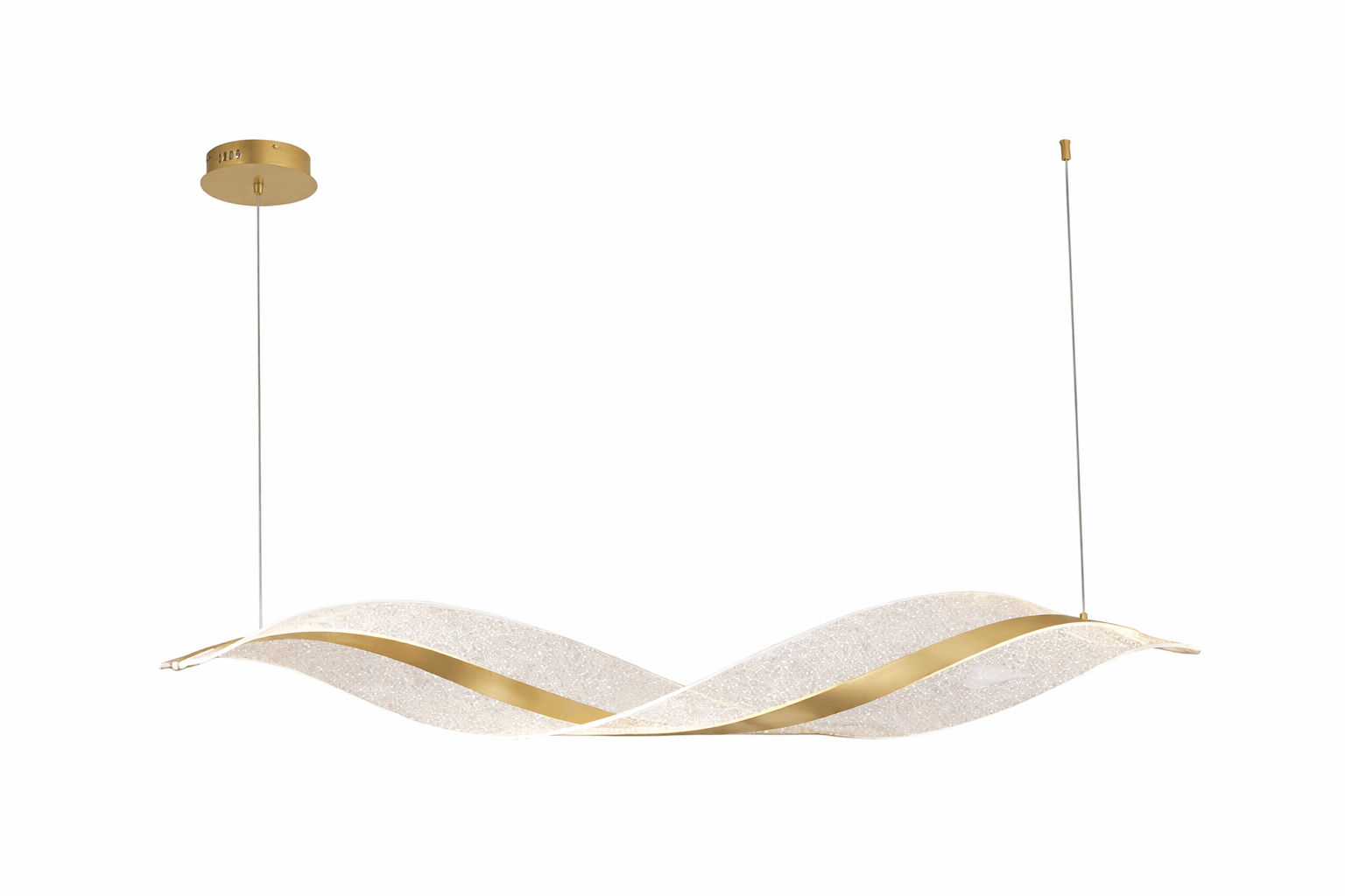 Modern pendant light with wavy design and gold accents on a white background