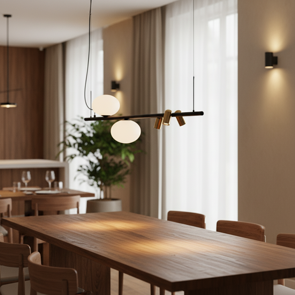Modern pendant light with three round lights on a white background