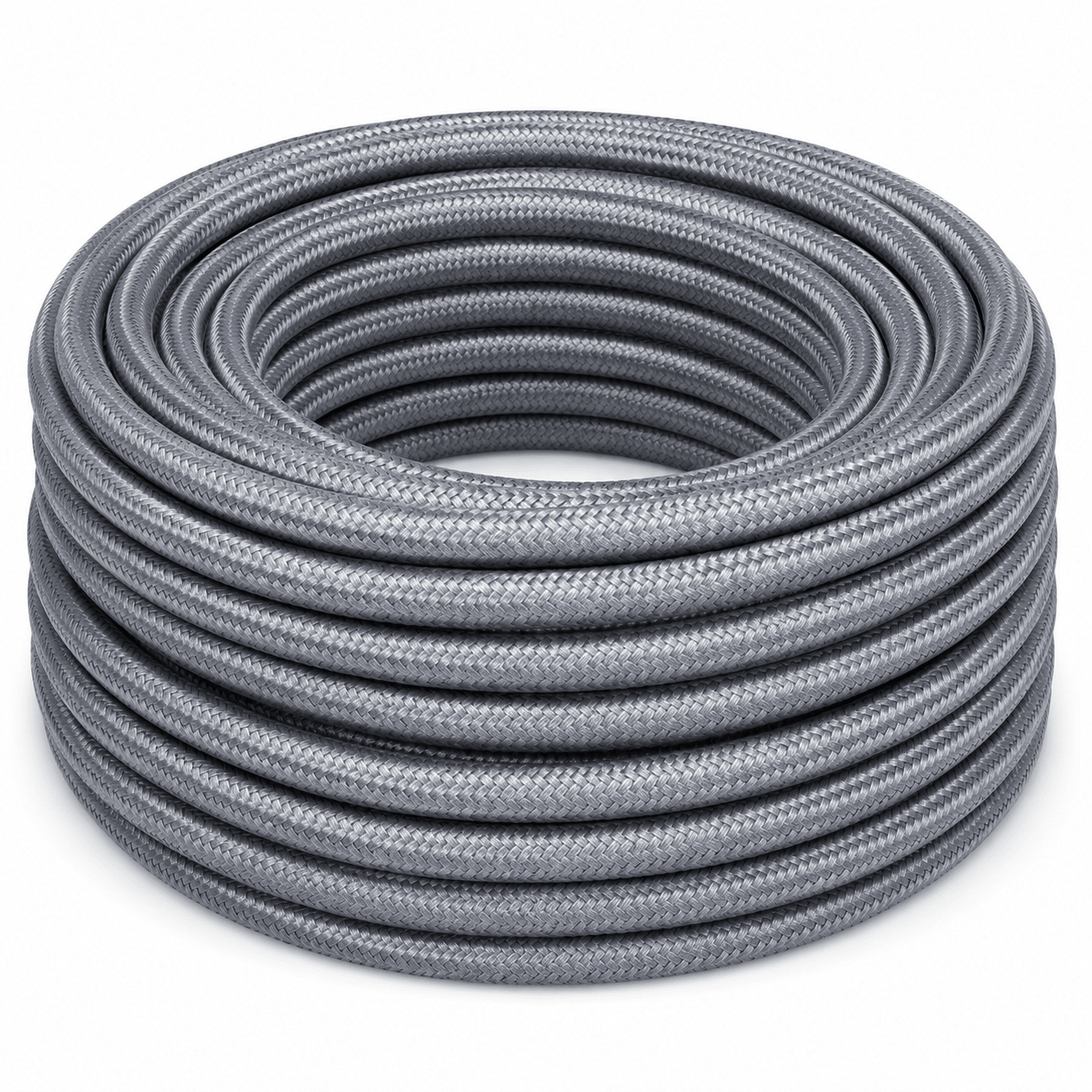 Coiled 10m grey 2-core fabric cable with a decorative braided finish.
