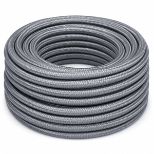 Coiled 10m grey 2-core fabric cable with a decorative braided finish.