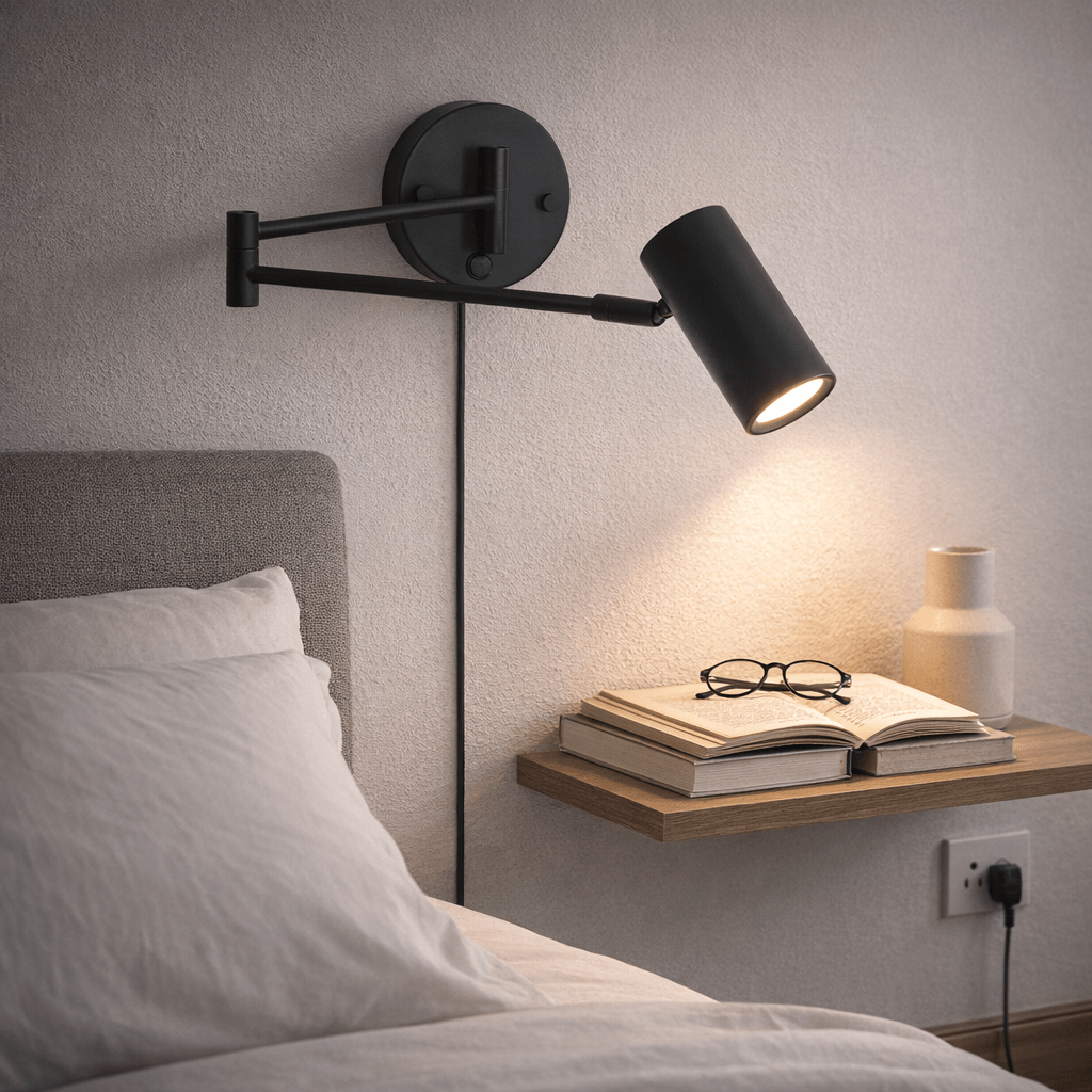Adjustable black plug-in wall light with swivel head above a bedside table