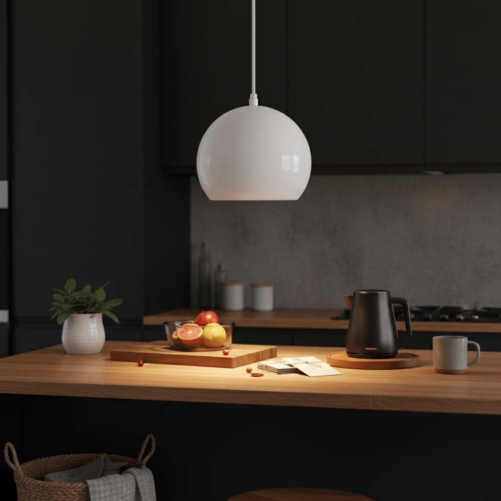 White metal dome pendant light hanging above a wooden kitchen island with fruits and a kettle.