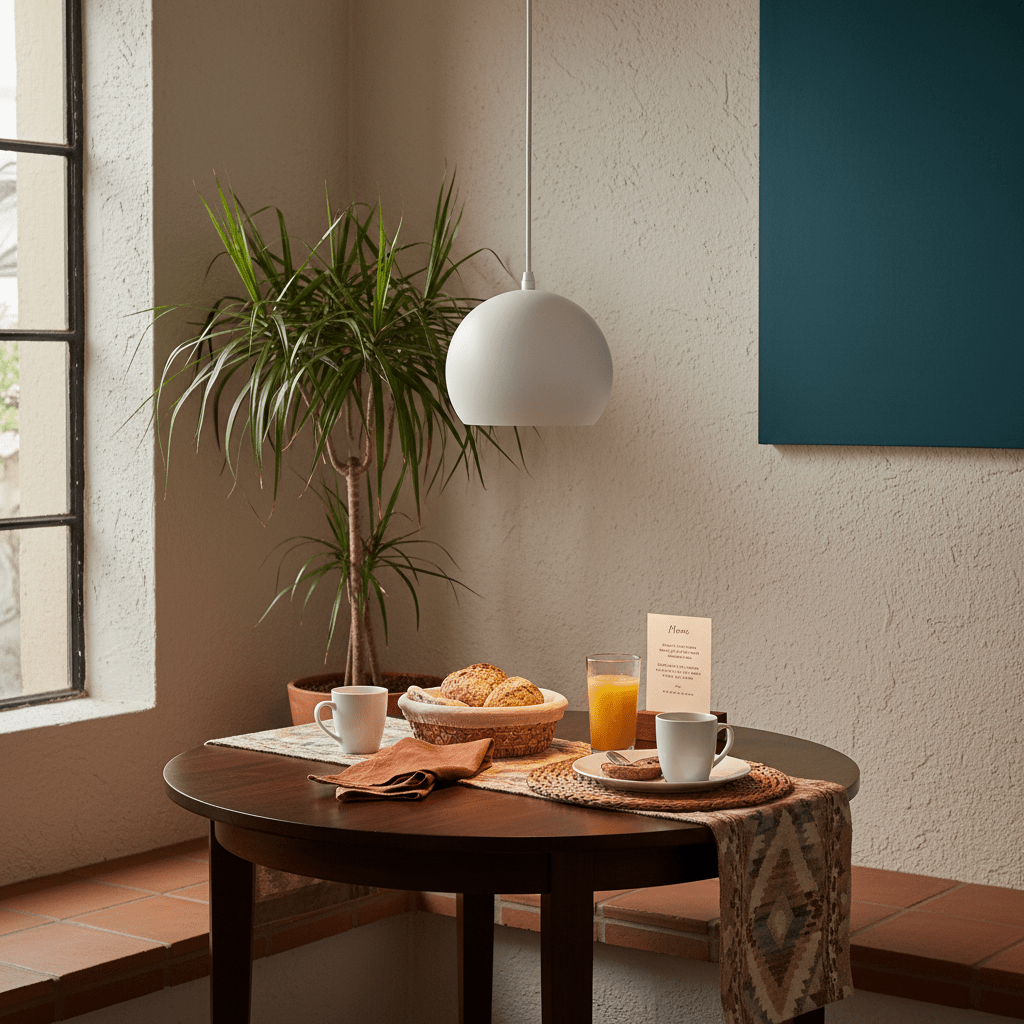White metal dome pendant light hanging above a dining table with breakfast items and a plant.
